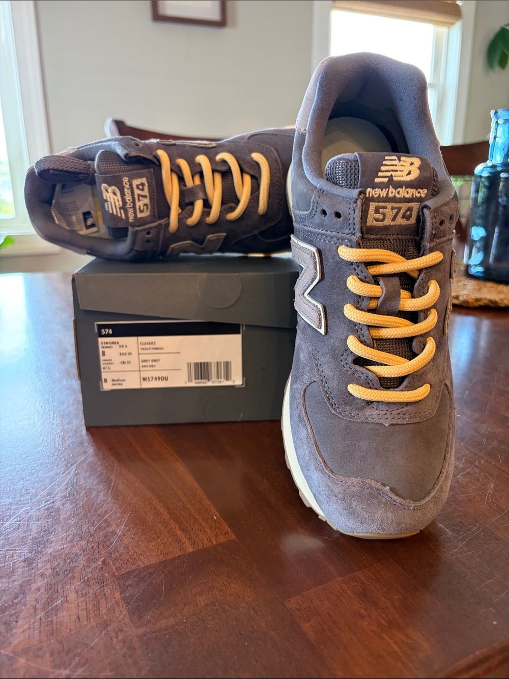 New Balance Women's WL574V2 Suede Sneaker — Gray with Tan Accents